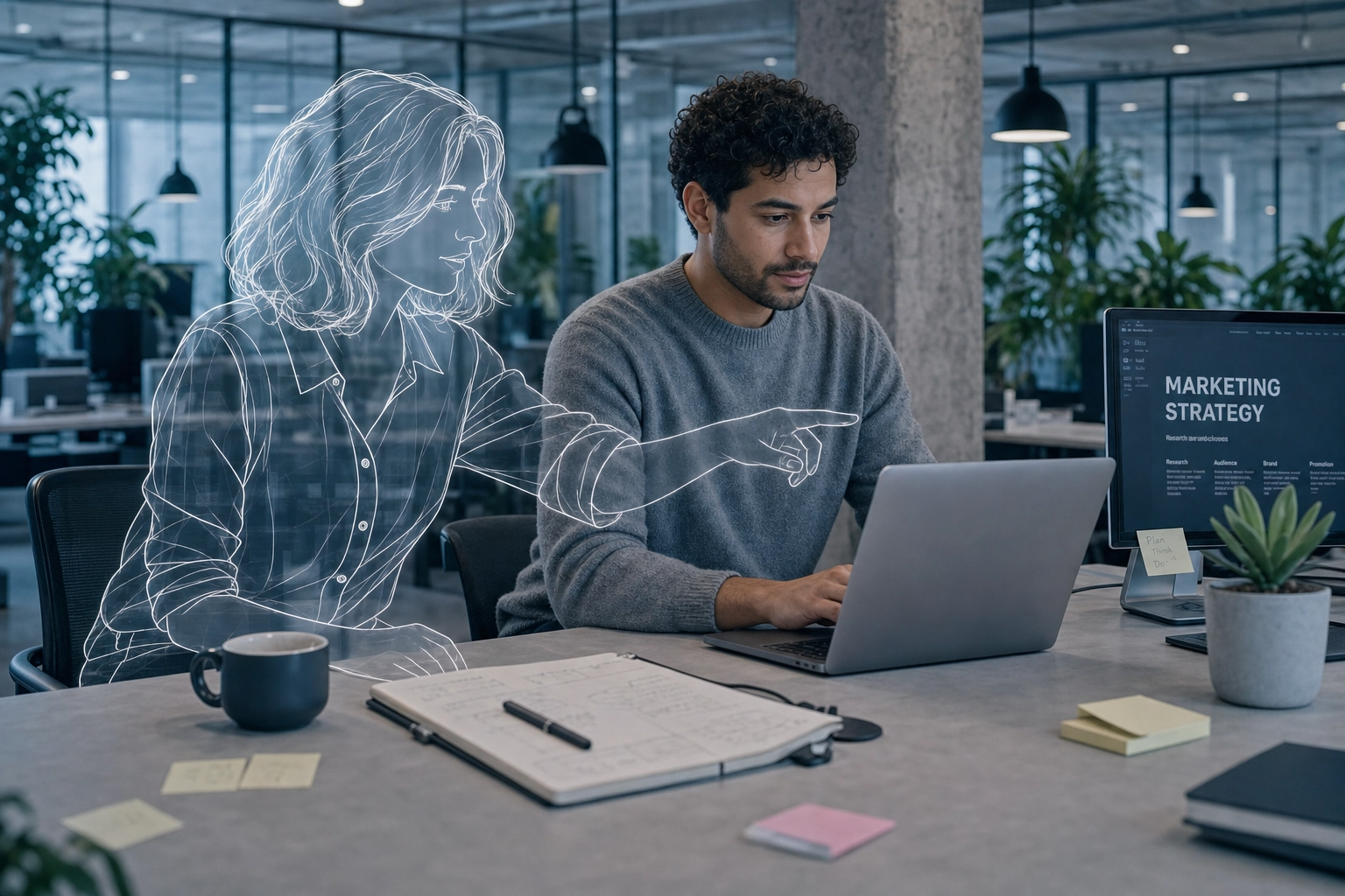An AI Enabler, rendered as a sketched outline figure, co-building a marketing workflow alongside a marketer working at a laptop in an enterprise office