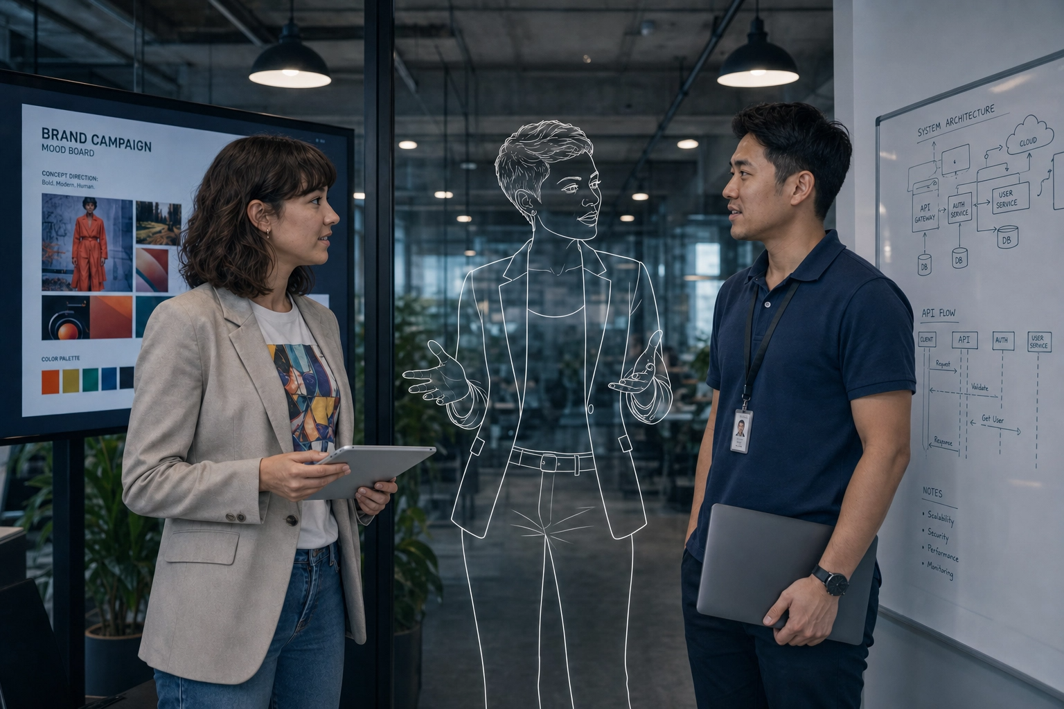An AI Enabler bridging a conversation between a marketer and a technical team member across functions